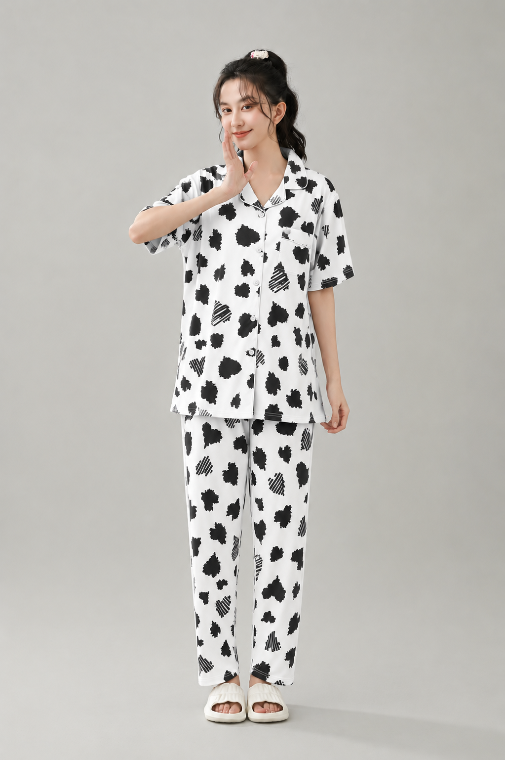 Women’s Cotton Printed Pajama Set – Short Sleeve Button Front Top & Long Pants