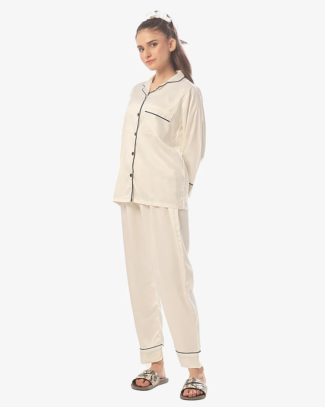 Satin Silk Pajama Suit with Scrunchie - Pearl