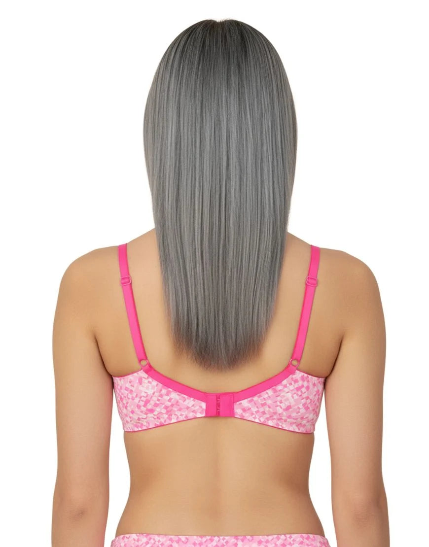 DOUBLE LAYERED FULL COVERAGE COTTON WIREFREE BRA WITH DIAMOND GEOMETRIC-PINK PRINT