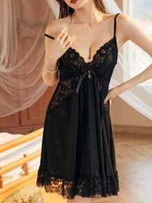 Elegant Lace Camisole Nightdress with Bow – Soft & Comfortable Sleepwear for Women