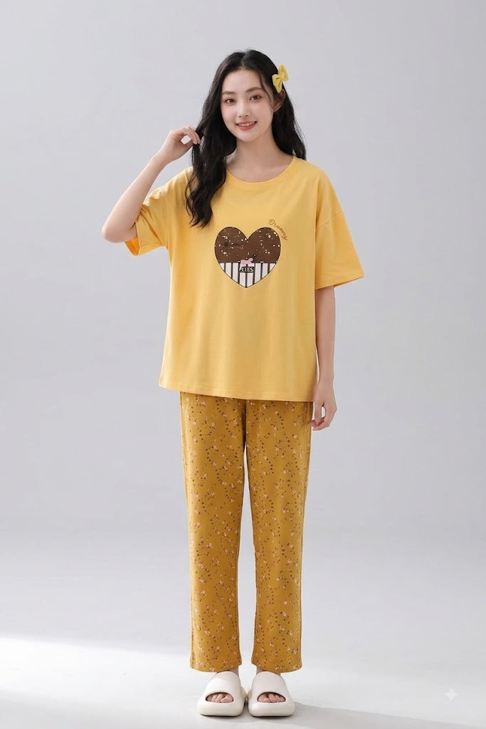Women’s 2-Piece Cotton Pajama Set – Heart Print T-Shirt & Printed Lounge Pants