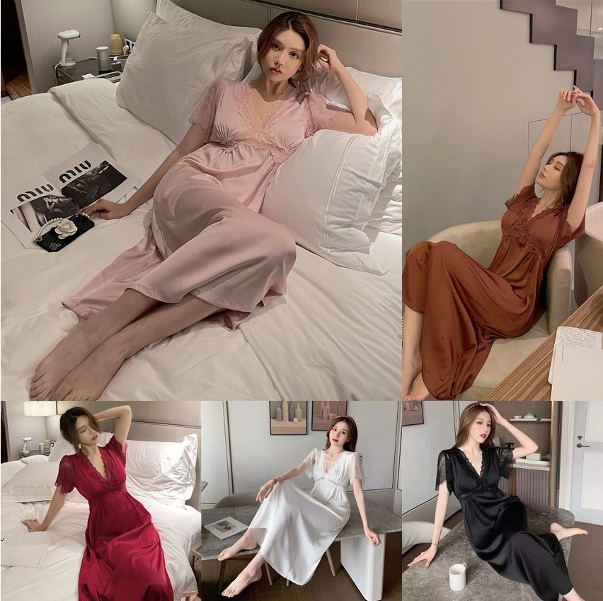 Comfortable Crazy Selling Asian Lady Hot Mature Classic Long Ladies Pajamas Girls Solid Nightdress Women Set Satin Sleepwear