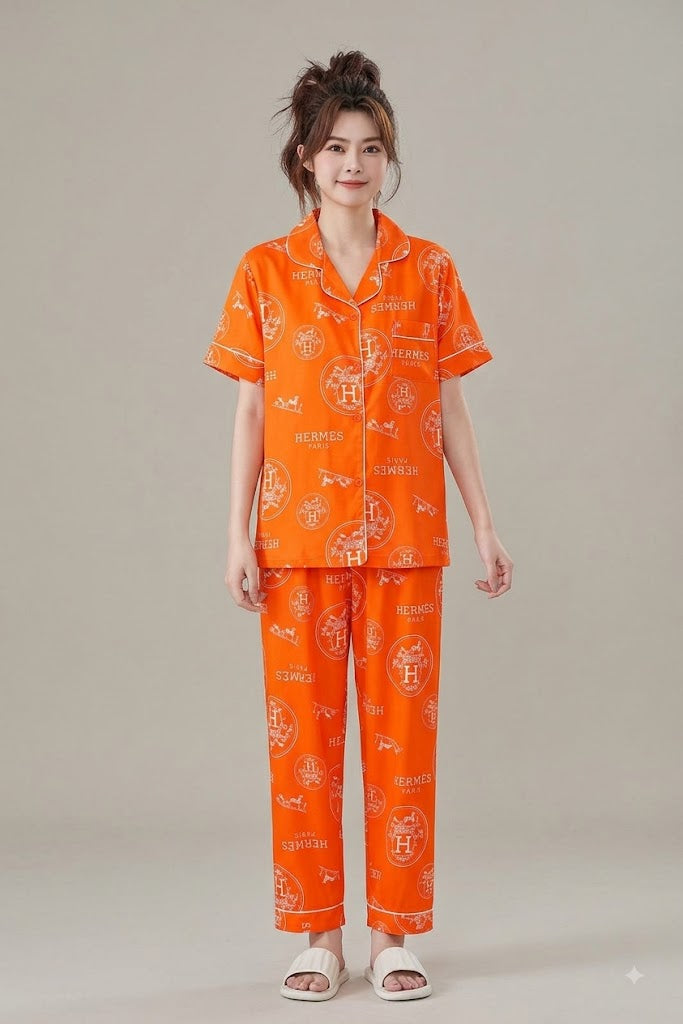 Women’s Printed Satin Pajama Set | Short Sleeve Button-Up Nightwear
