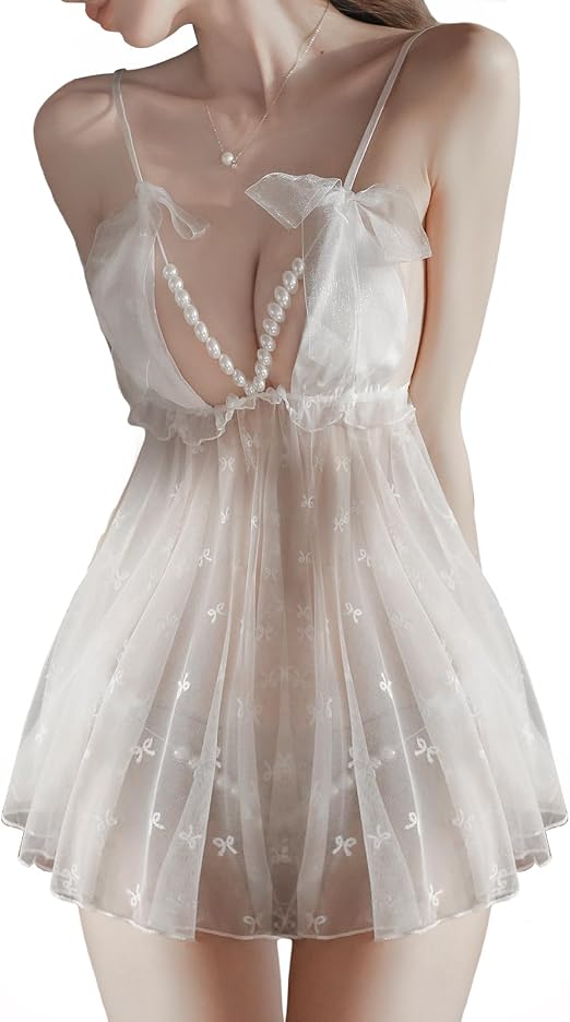 Elegant Lace Babydoll Lingerie for Women – Mesh Nightwear Chemise, Soft Sleep Dress