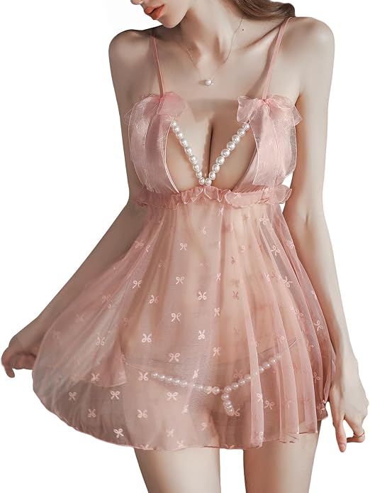 Elegant Lace Babydoll Lingerie for Women – Mesh Nightwear Chemise, Soft Sleep Dress
