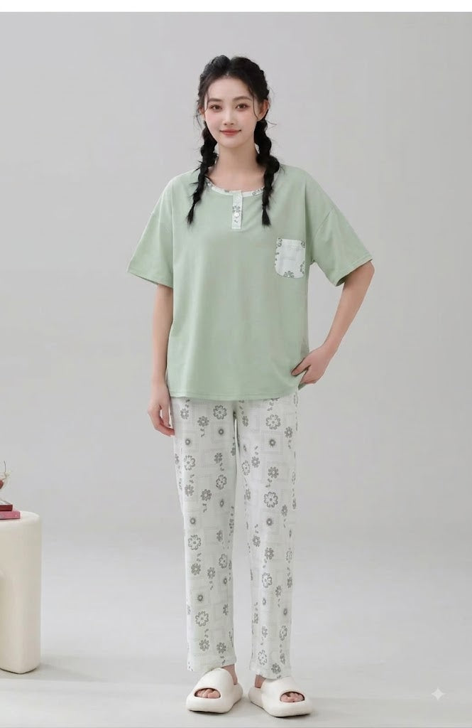 Women’s 2-Piece Cotton Pajama Set – Solid T-Shirt with Floral Printed Lounge Pants