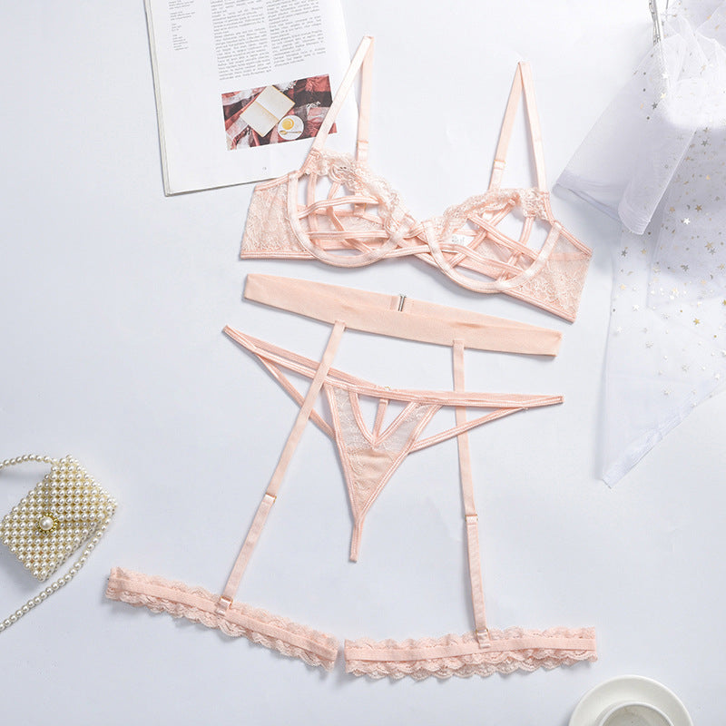 Lace Stitching Cross Band Women Bra G String Hot Hollow Out Sexy 3 Piece Female pink Girl Lingerie Set With Garter Belt