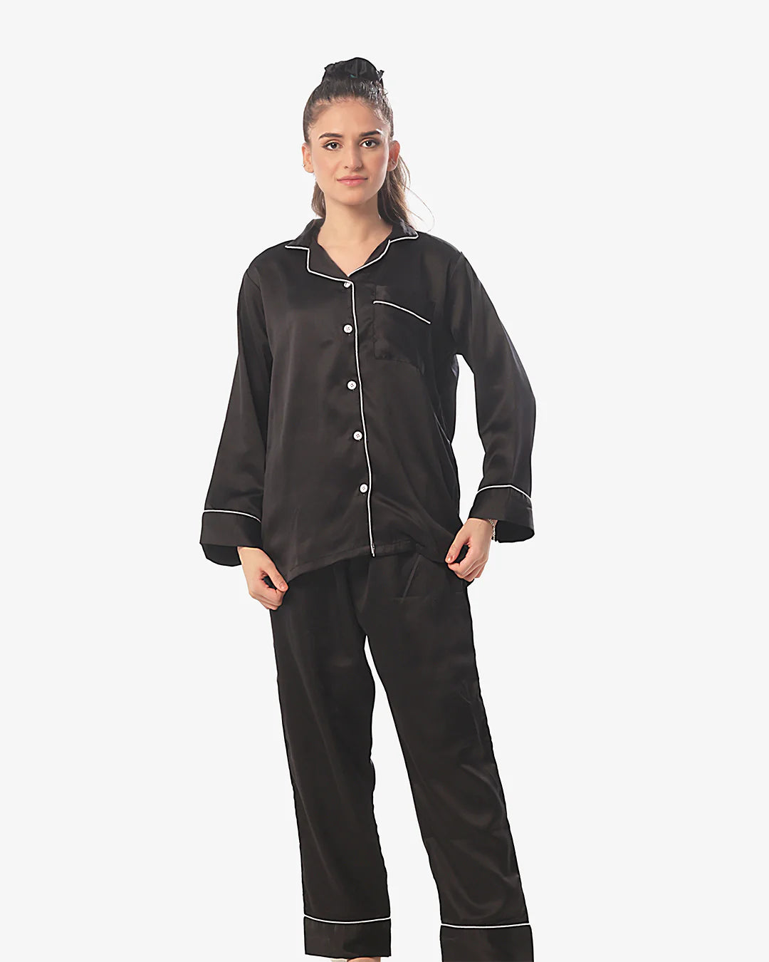 Satin Silk Pajama Suit with Scrunchie - Pearl