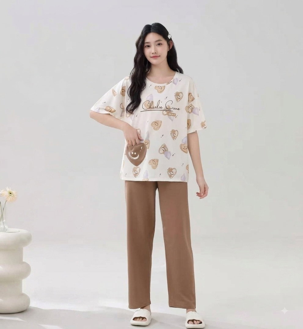 Premium Soft Cotton Heart Print Nightwear Set for Women - Terracotta Color