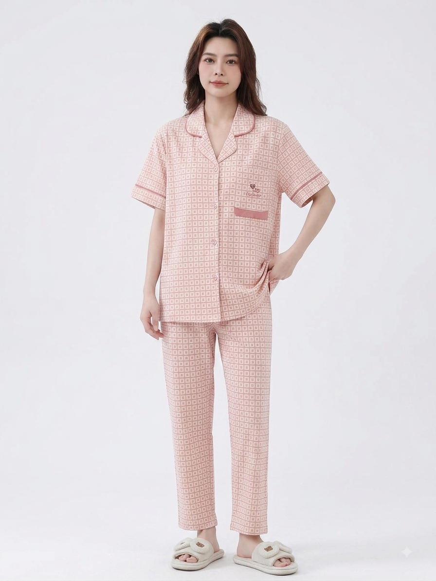 Women's Soft Cotton Grid Print Pajama Set - Short Sleeve Collared Button-Down Nightwear
