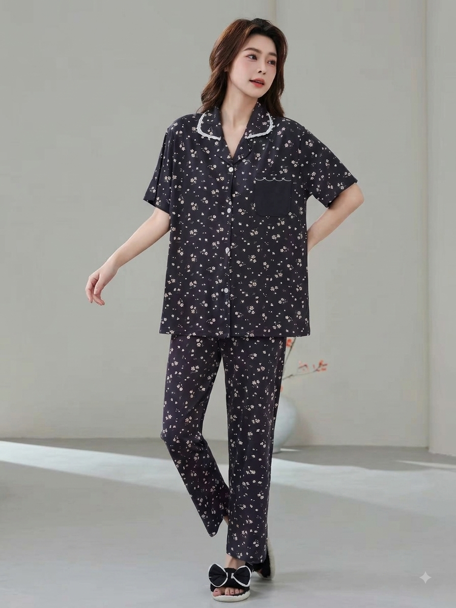 Women's Floral Printed Cotton Pajama Set - Short Sleeve Button-Up Shirt & Loose Pants Nightwear