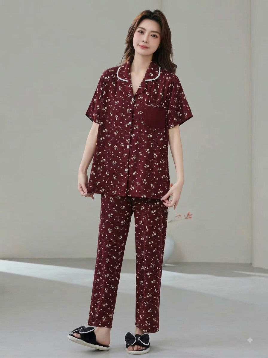 Women's Floral Printed Cotton Pajama Set - Short Sleeve Button-Up Shirt & Loose Pants Nightwear
