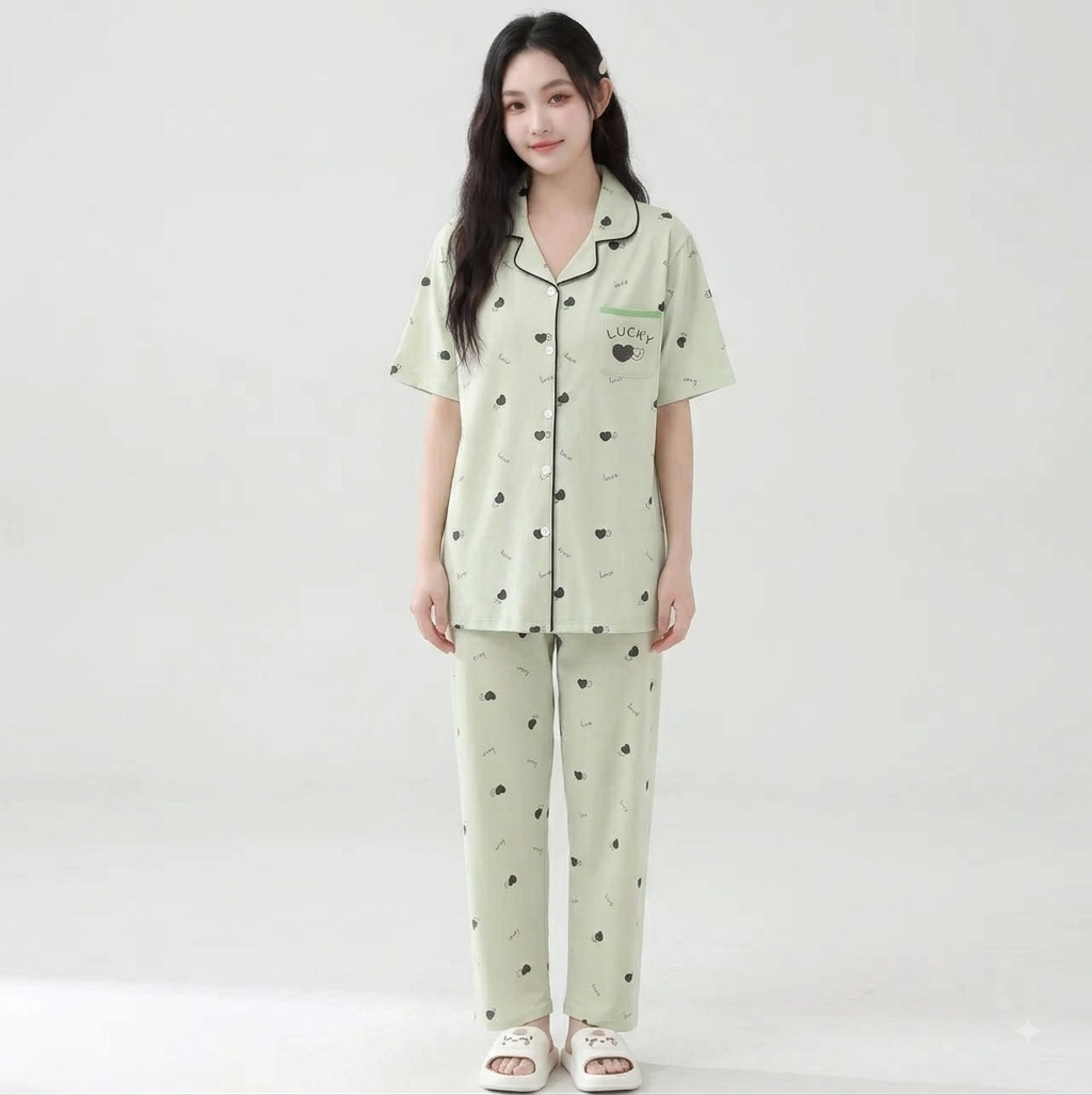 Cute Heart Printed Women's Loungewear Set - 3 Pastel Colors (Pink, Yellow, Green)