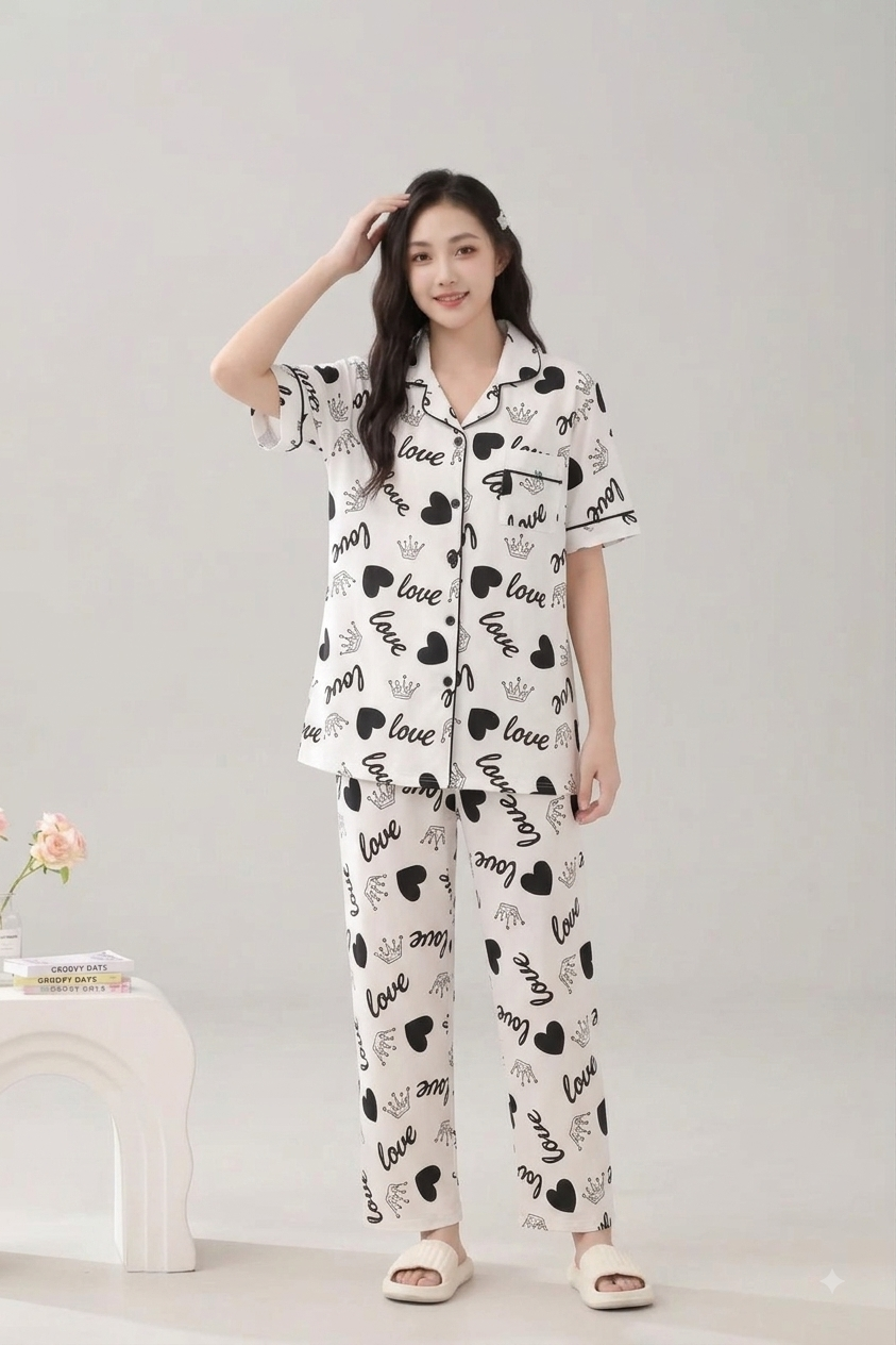 Women's Printed Short Sleeve Pajama Set - 3 Colors (Pink, White, Orange) - Soft Cotton Nightwear (XL/2XL)
