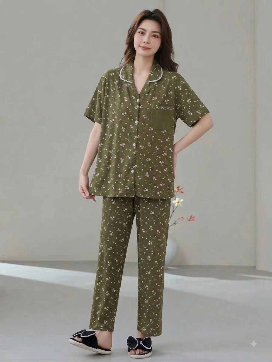 Women's Floral Printed Cotton Pajama Set - Short Sleeve Button-Up Shirt & Loose Pants Nightwear