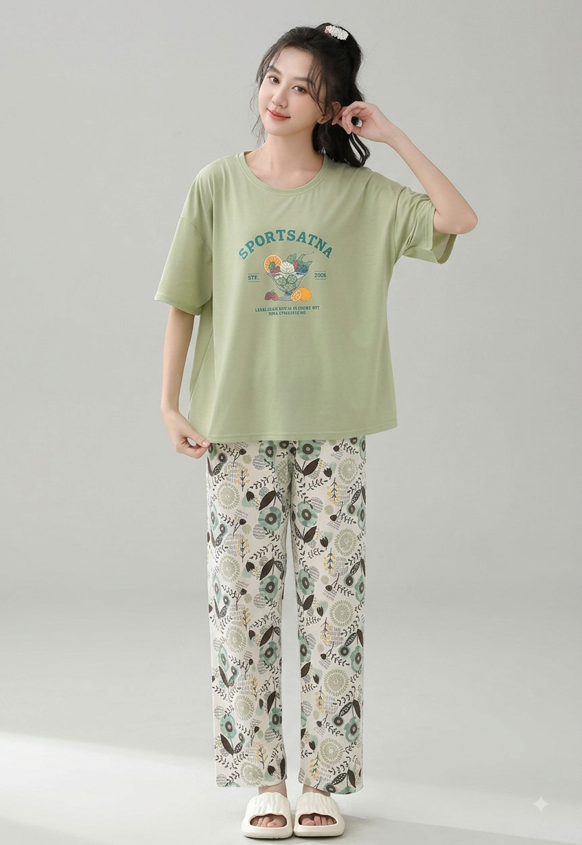 Women's Casual Printed T-Shirt & Floral Trouser Pajama Set - 3 Colors (Purple, Green, Peach) - Free Size