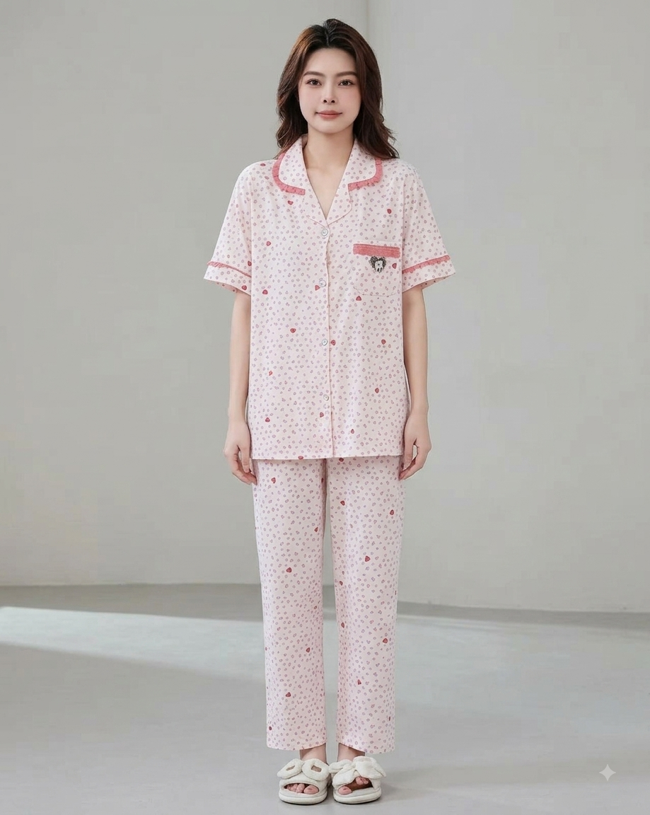 Women's Cute Heart & Dot Print Collared Nightwear Set with Pocket & Frill Detail