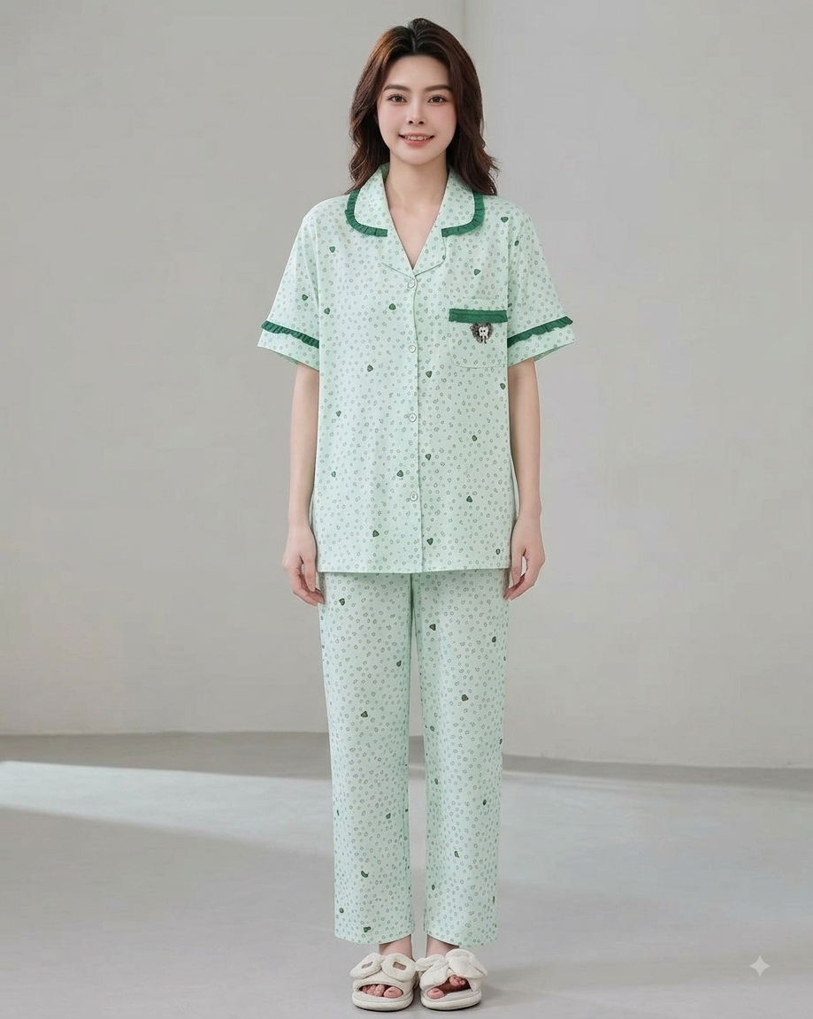 Women's Cute Heart & Dot Print Collared Nightwear Set with Pocket & Frill Detail