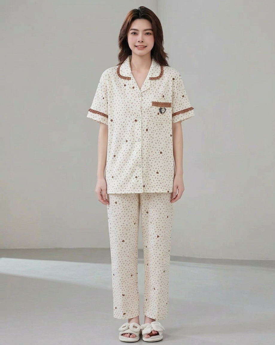 Women's Cute Heart & Dot Print Collared Nightwear Set with Pocket & Frill Detail