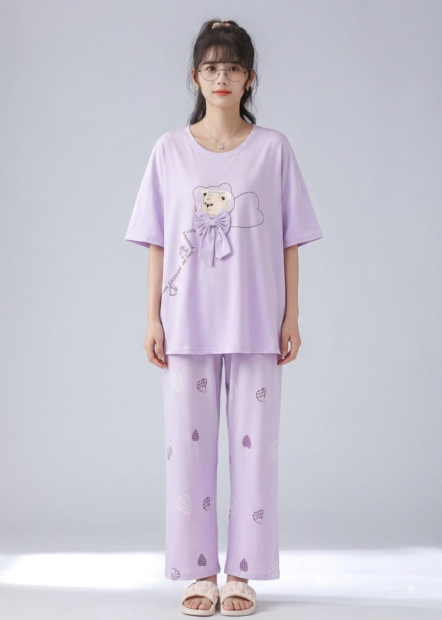 Women's Cute Teddy Bear Bow Detail Pajama Set - 3 Colors (Purple, Pink, Yellow) - Soft Cotton Nightwear