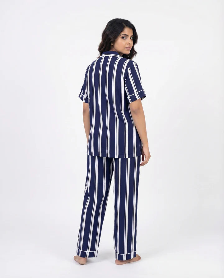 Linen PJ Set - Navy Stripe