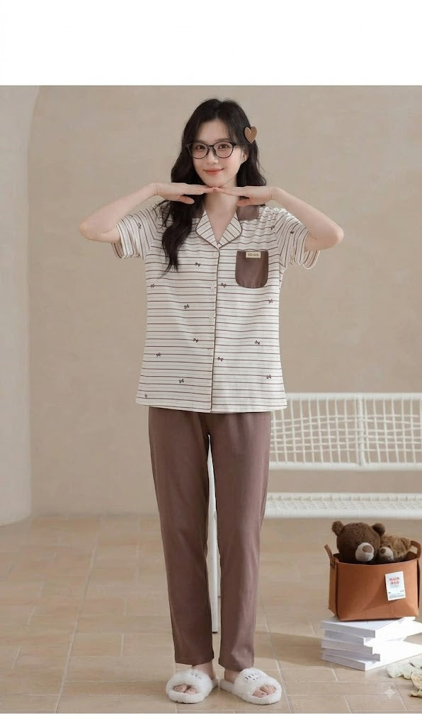 Women’s Luxury 2-Piece Pajama Set – Striped Button-Down Top & Comfortable Printed Lounge Pants