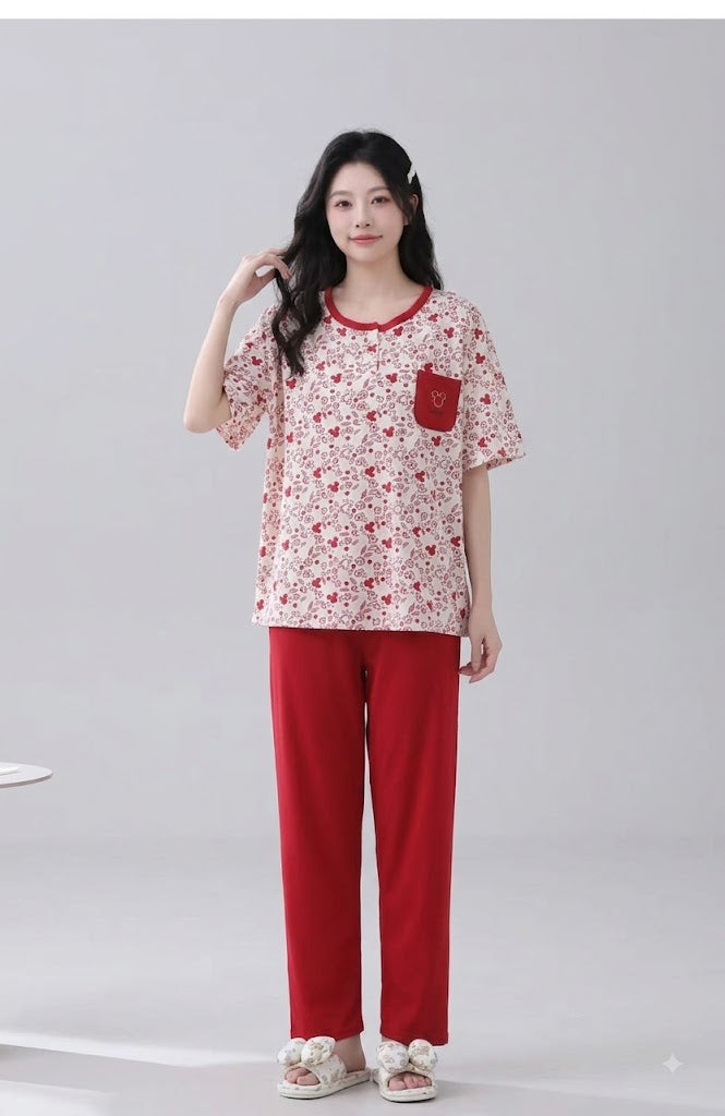 Women’s 2-Piece Cotton Pajama Set – Floral Printed T-Shirt & Solid Lounge Pants |