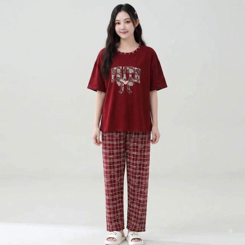 Women’s 2-Piece Cotton Pajama Set – Stylish Printed T-Shirt & Plaid Checkered Pants