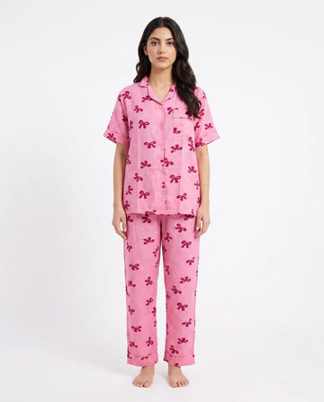Linen Pajama Suit - Bow Blush