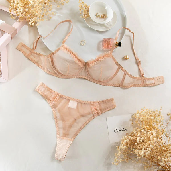 The Subtle Allure | Mesh Pleated Lace Steel Ring Gathered Bra Set