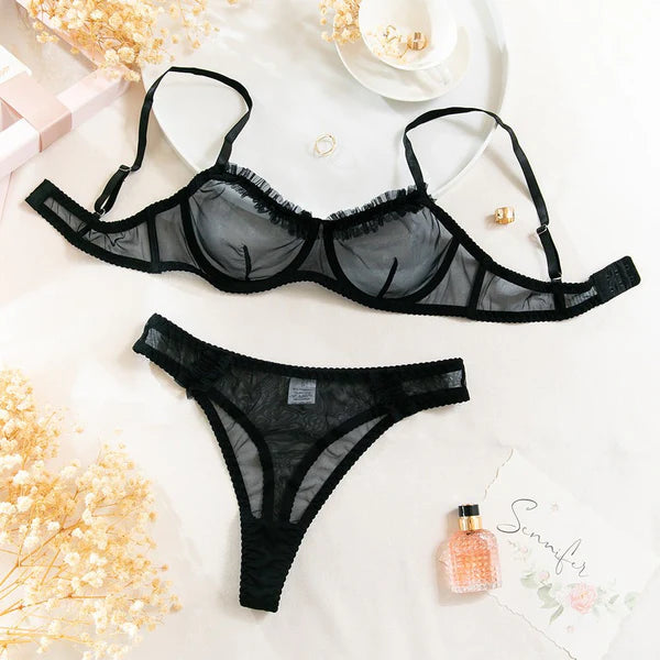 The Subtle Allure | Mesh Pleated Lace Steel Ring Gathered Bra Set