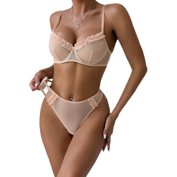 The Subtle Allure | Mesh Pleated Lace Steel Ring Gathered Bra Set