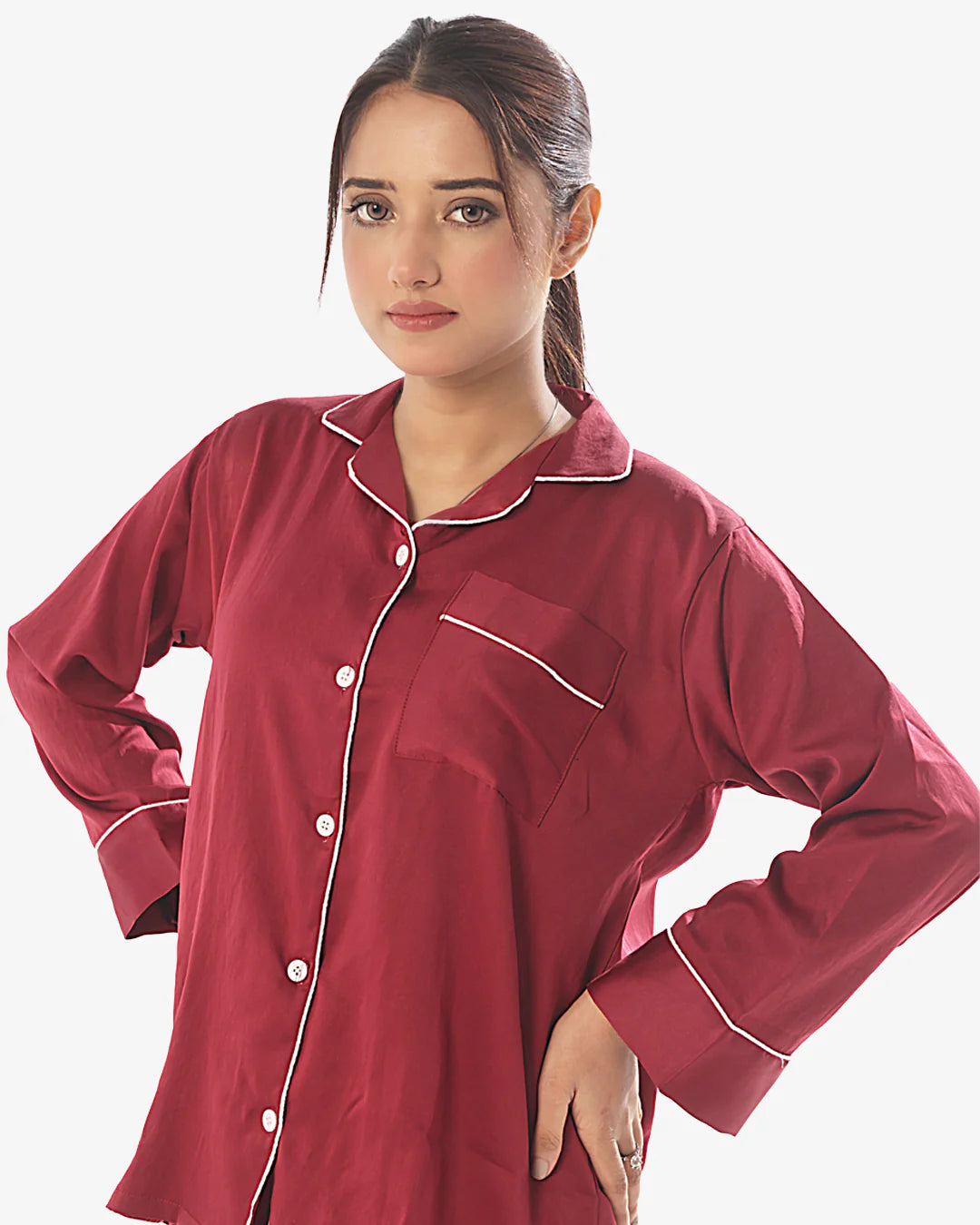Satin Silk Pajama Suit with Scrunchie - Pearl
